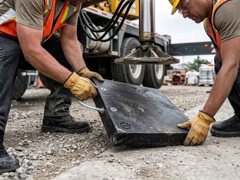 Worker installing outrigger pad